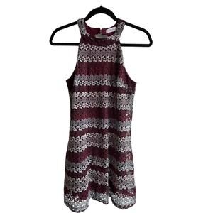 Candies Lace Mesh Dress Juniors Med Burgundy White Floral Stripe Collar Neckline